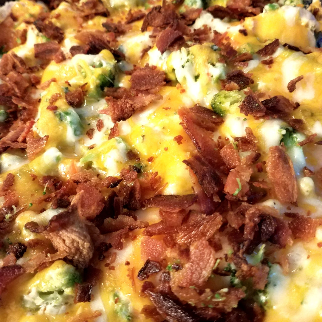 Keto Chicken, Bacon, Broccoli, & 3 Cheese Casserole