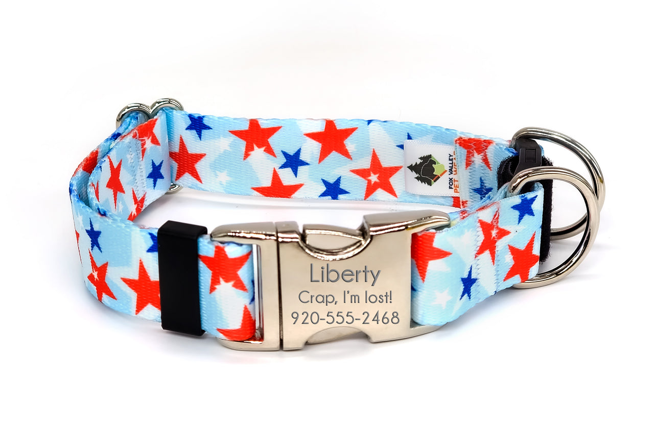 BREAKAWAY Personalized "Liberty" red, white, blue stars Dog Collar