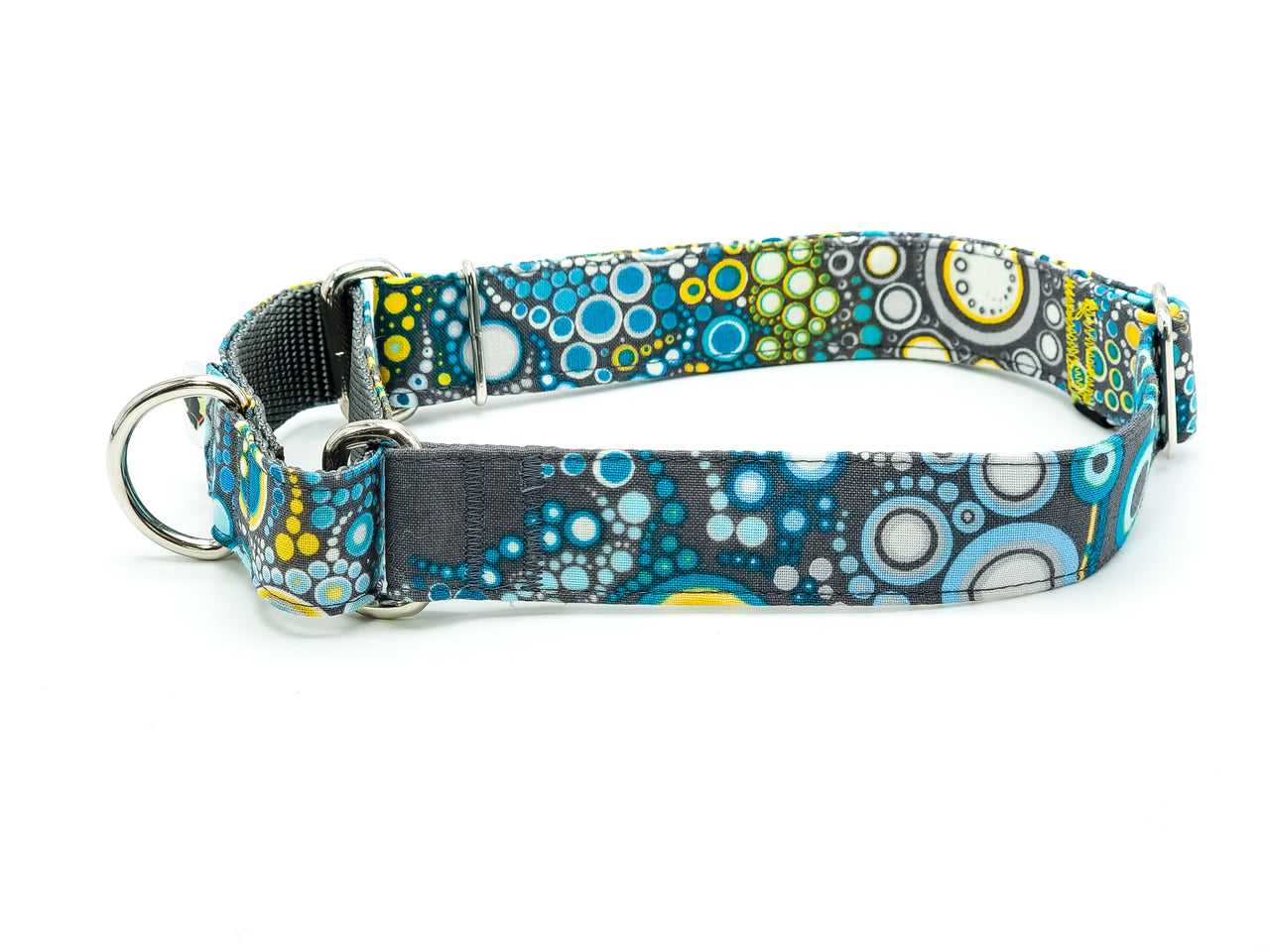 Gray, Yellow, Teal Effervescence | Cotton fabric Martingale | Large 16"-24" in 1" wide
