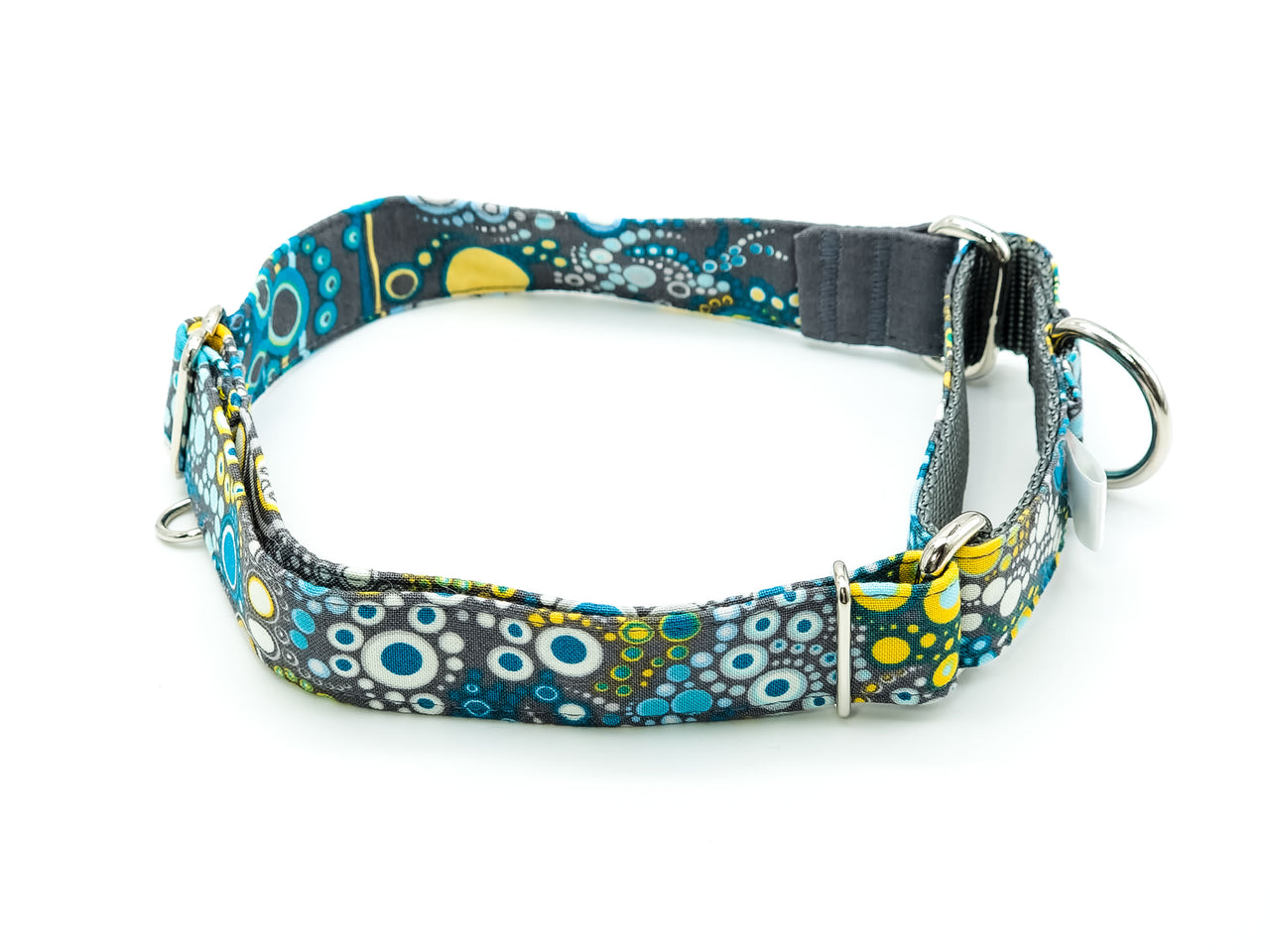 Gray, Yellow, Teal Effervescence | Cotton fabric Martingale | Large 16"-24" in 1" wide