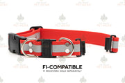 A reflective red Biothane breakaway dog collar with a silver breakaway clasp and a traditional buckle. The text 'FI-COMPATIBLE' is visible on the image.