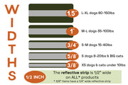 Chart showing different widths for dog collars and reflective strips with weight ranges.