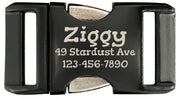 Black belt buckle with 'Ziggy' and address engraved on a white background