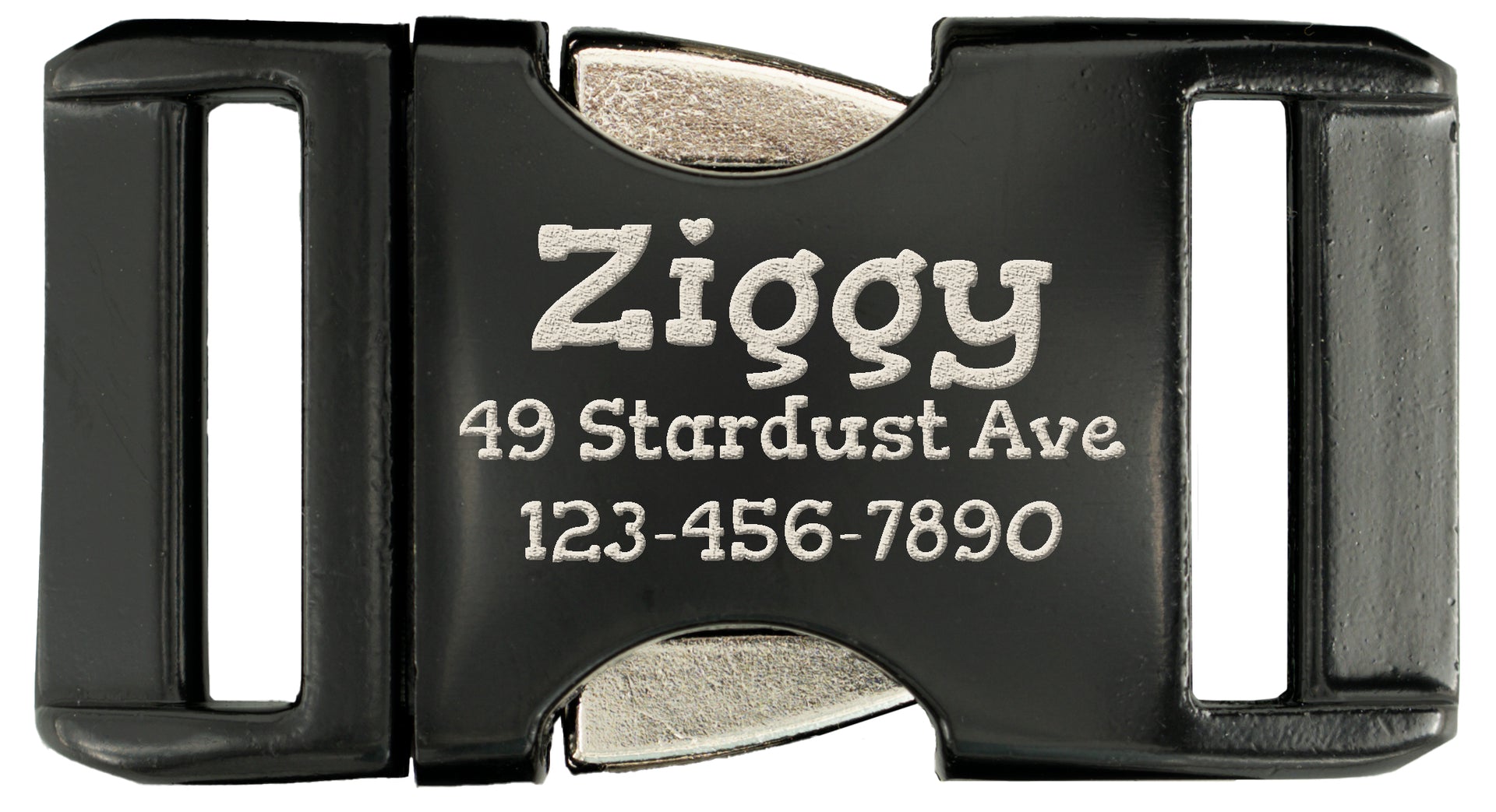 Black belt buckle with 'Ziggy' and address engraved on a white background