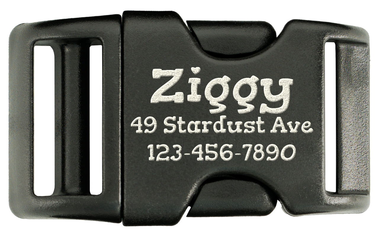 Black plastic buckle with engraved text on a white background