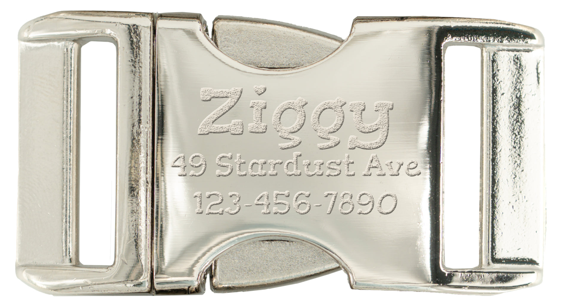 Metallic buckle with engraved text on a white background