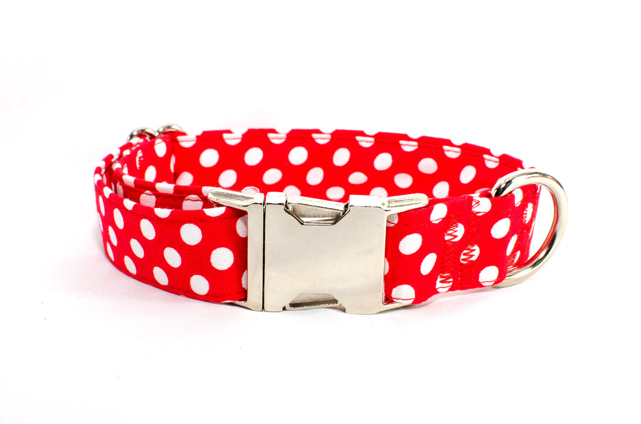 LAST CHANCE - Red with White Polka Dots Adjustable Dog Collar - small or medium