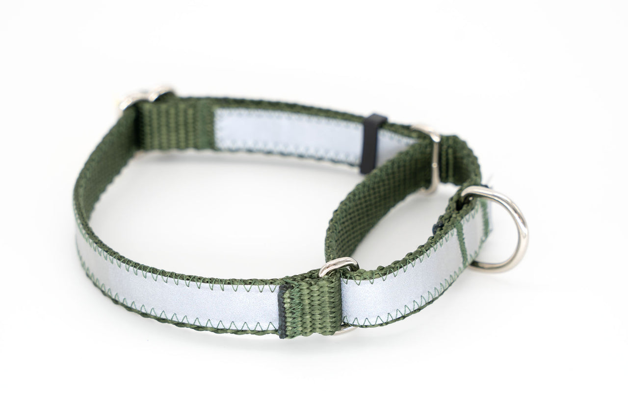 Reflective Martingale - olive green, 5/8" wide, 2 sizes