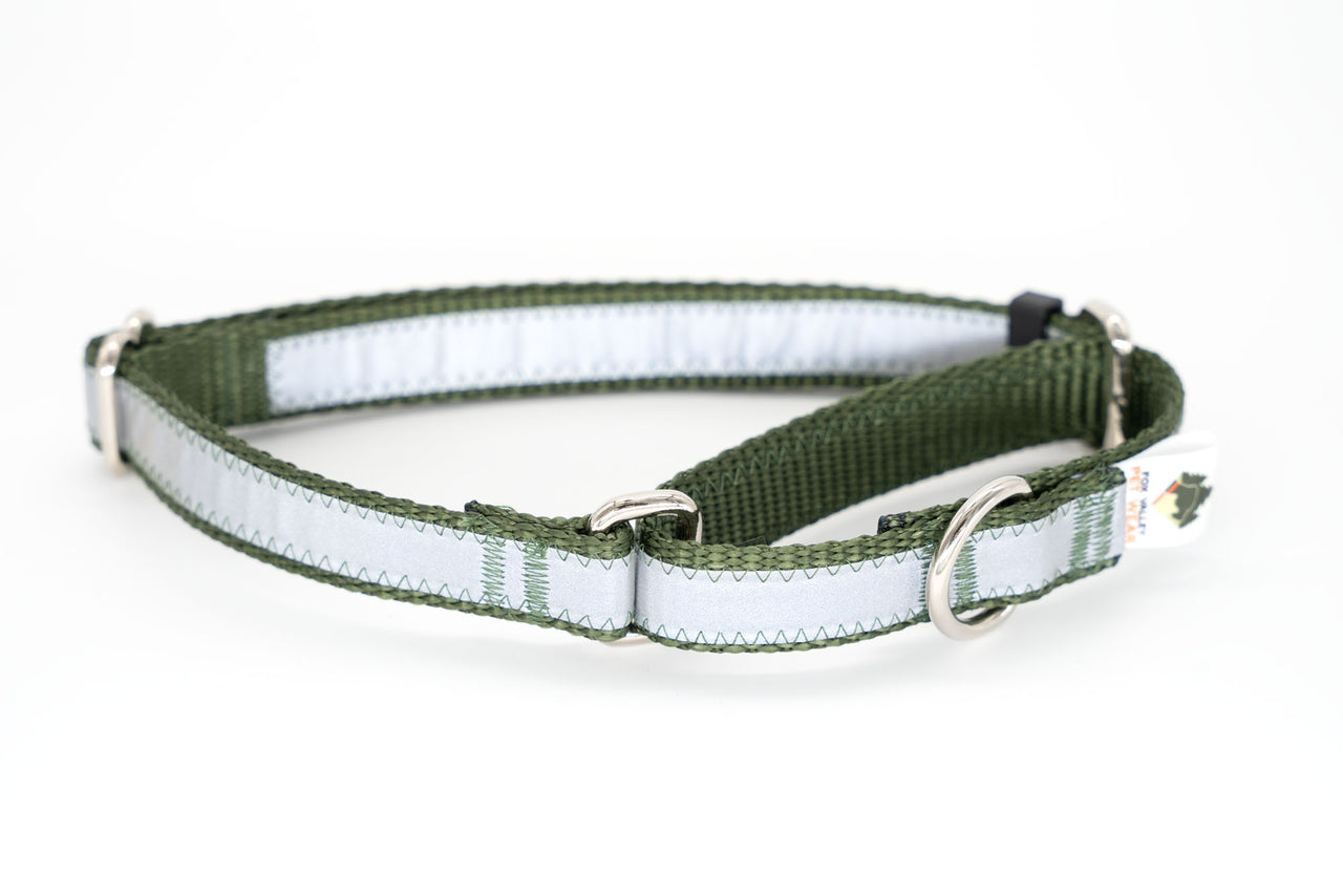 Reflective Martingale - olive green, 5/8" wide, 2 sizes