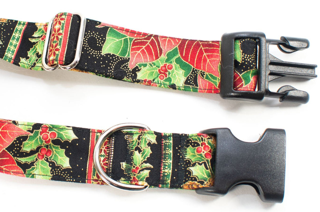 Holiday Poinsettia & Holly Berry Adjustable Dog Collar