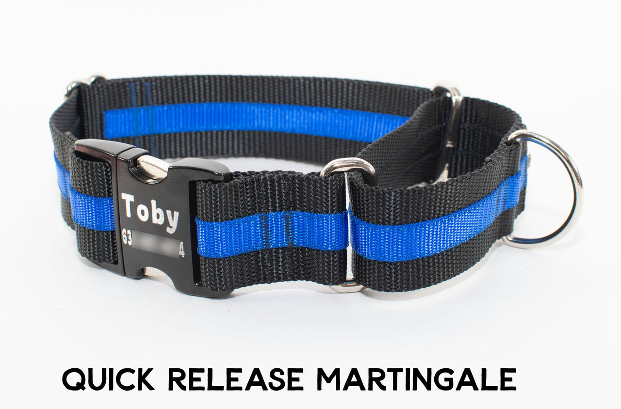 Thin Blue Line Dog Collar - flat buckle, martingale, breakaway - Fox Valley Dog Collars