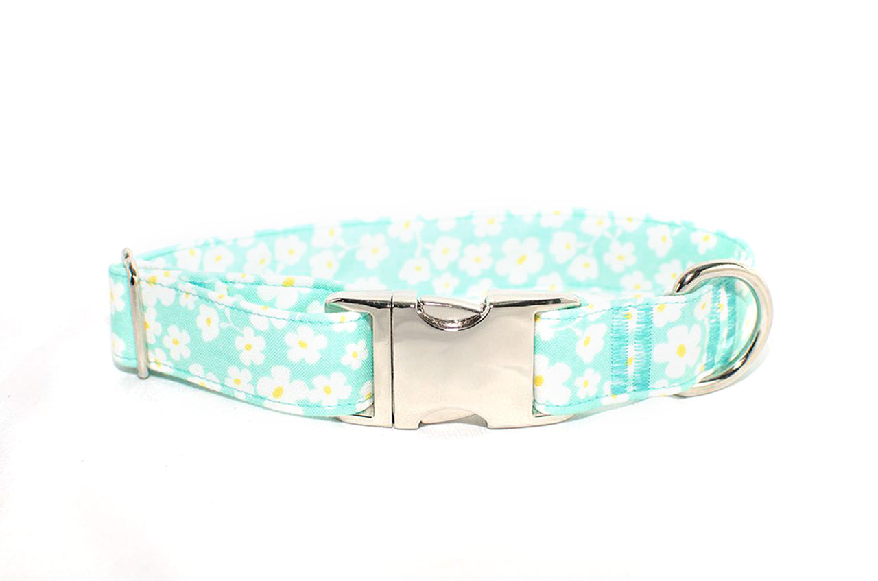LAST ONES - Spring Floral Aqua Adjustable Dog Collar - S, M, XL