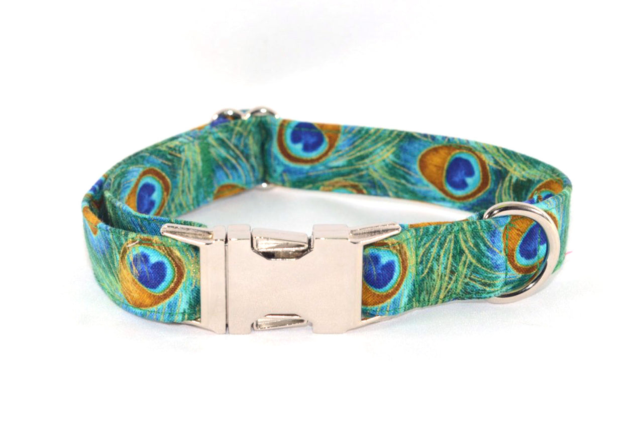 Peacock Feathers Metallic Accented Adjustable Dog Collar - Fox Valley Dog Collars