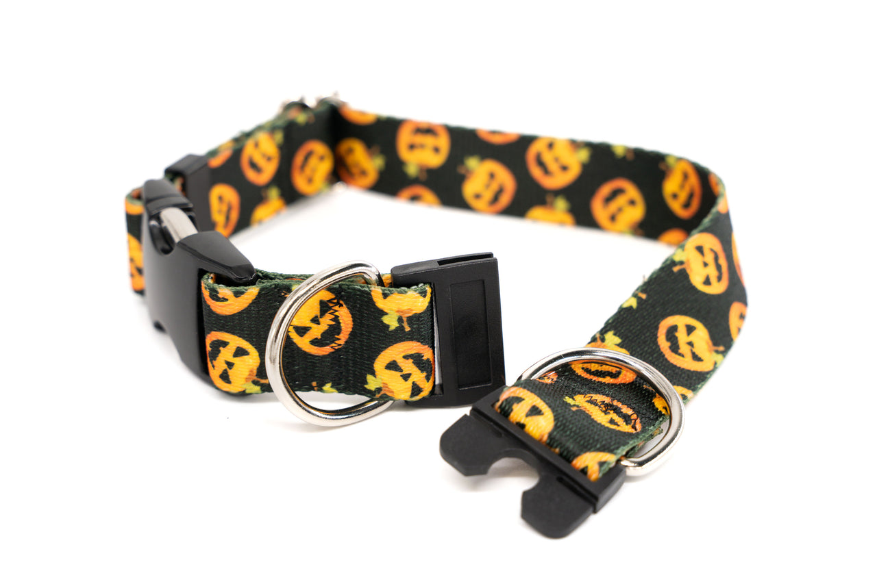 Dog collar with Halloween pumpkin pattern on a black background
