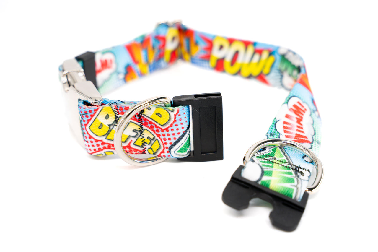 Colorful comic-style dog collar with a white background