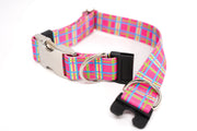 Dog collar with a colorful plaid pattern on a white background