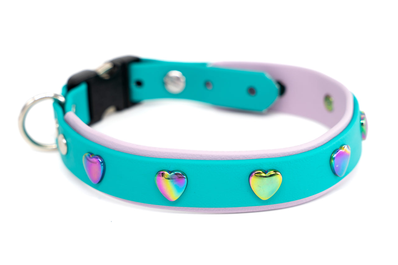 "Luna" Biothane Collar | 1" wide | Rainbow Hearts | Breakaway OR Flat buckle collar