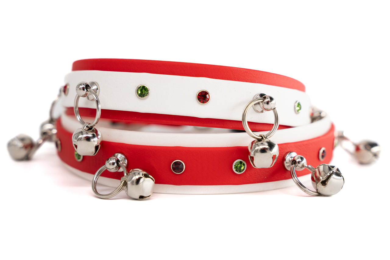 Waterproof Crystal Studded Collar with bells - Holly Jolly edition!