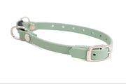 A mint green faux-leather dog collar with silver-tone metal hardware, including a buckle, adjustment rings, and rivets, shown on a plain white background.