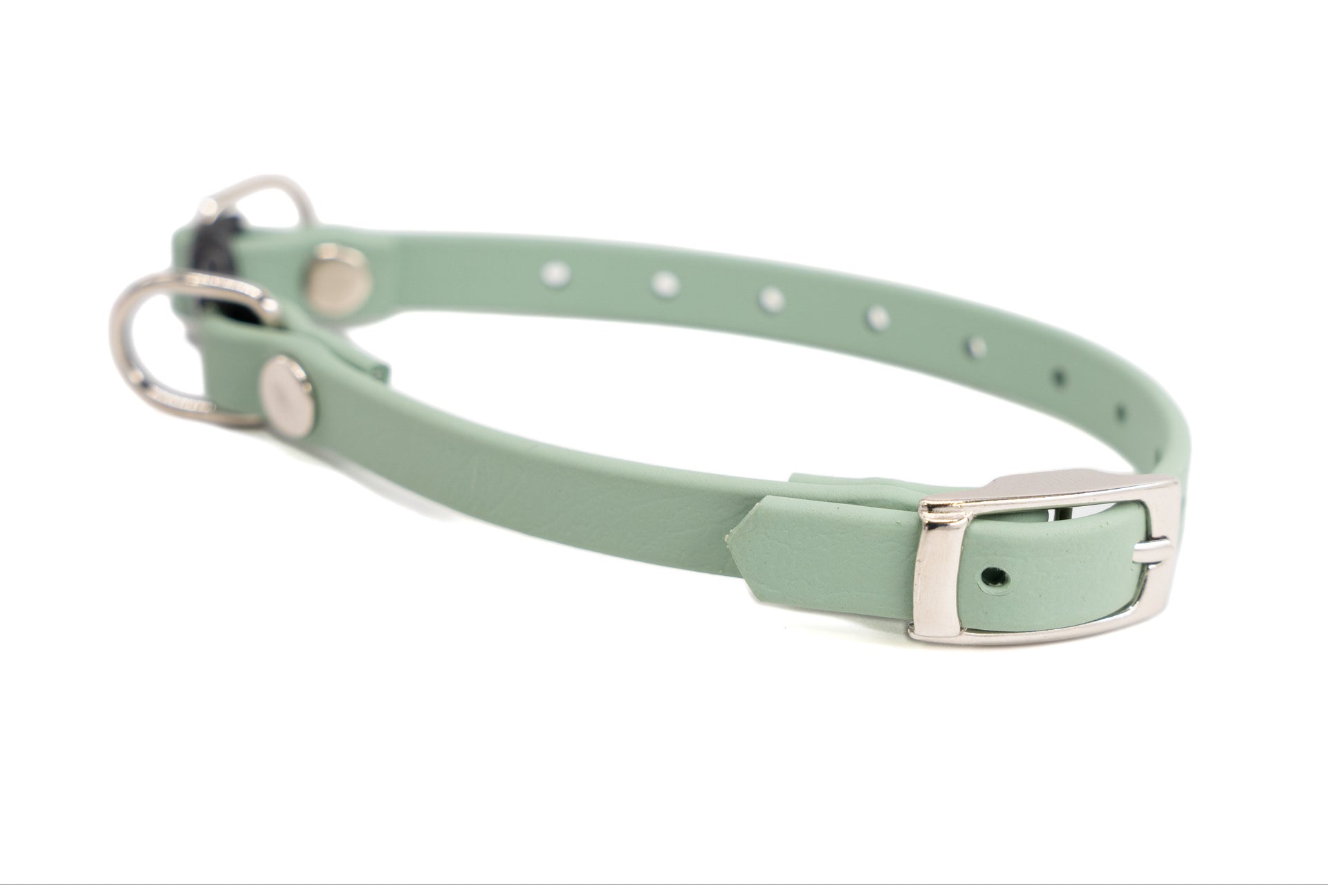 A mint green faux-leather dog collar with silver-tone metal hardware, including a buckle, adjustment rings, and rivets, shown on a plain white background.