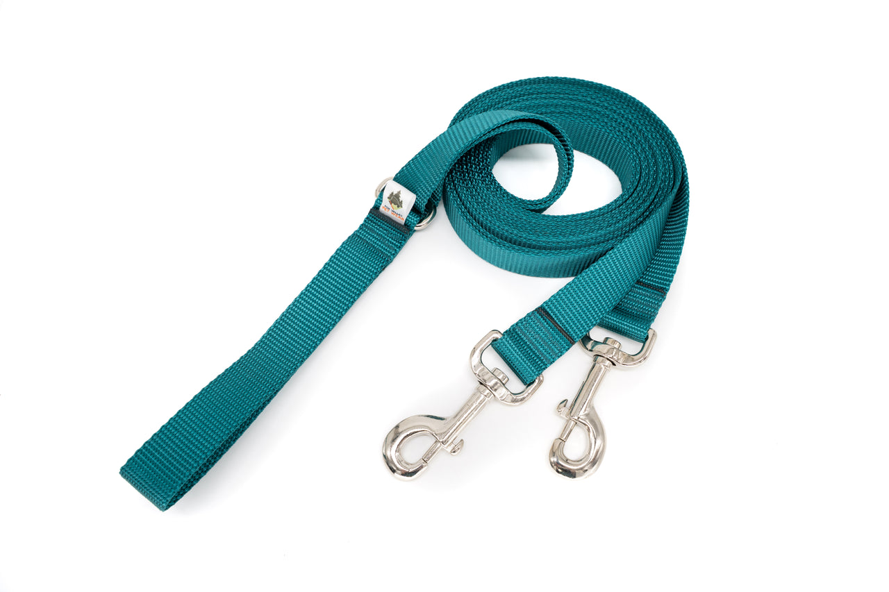 Teal Dual Attach Leash With Sliding Handle | 1" wide | 7ft