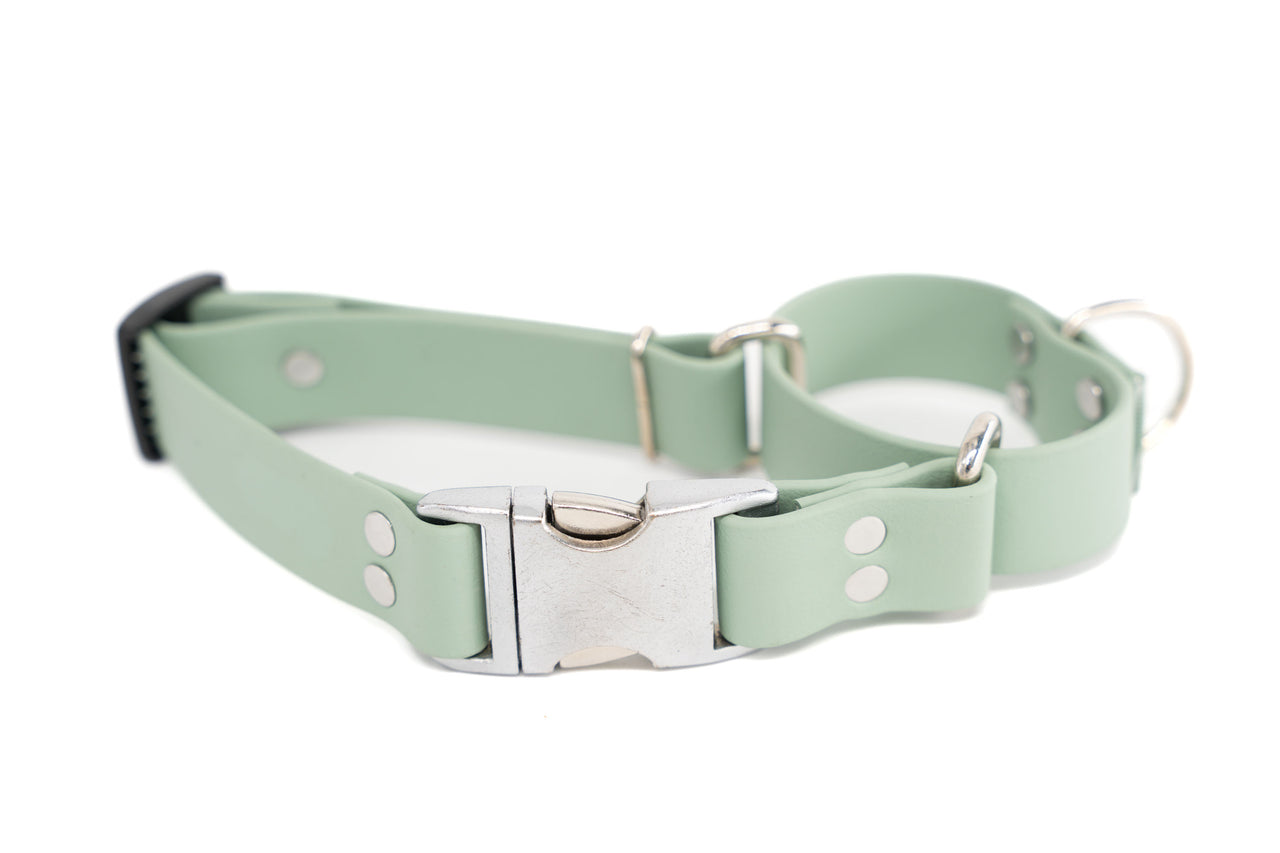 Quick Release Martingale | Waterproof Biothane | Sage | Large 16-20" | 1" wide | distressed silver metal buckle