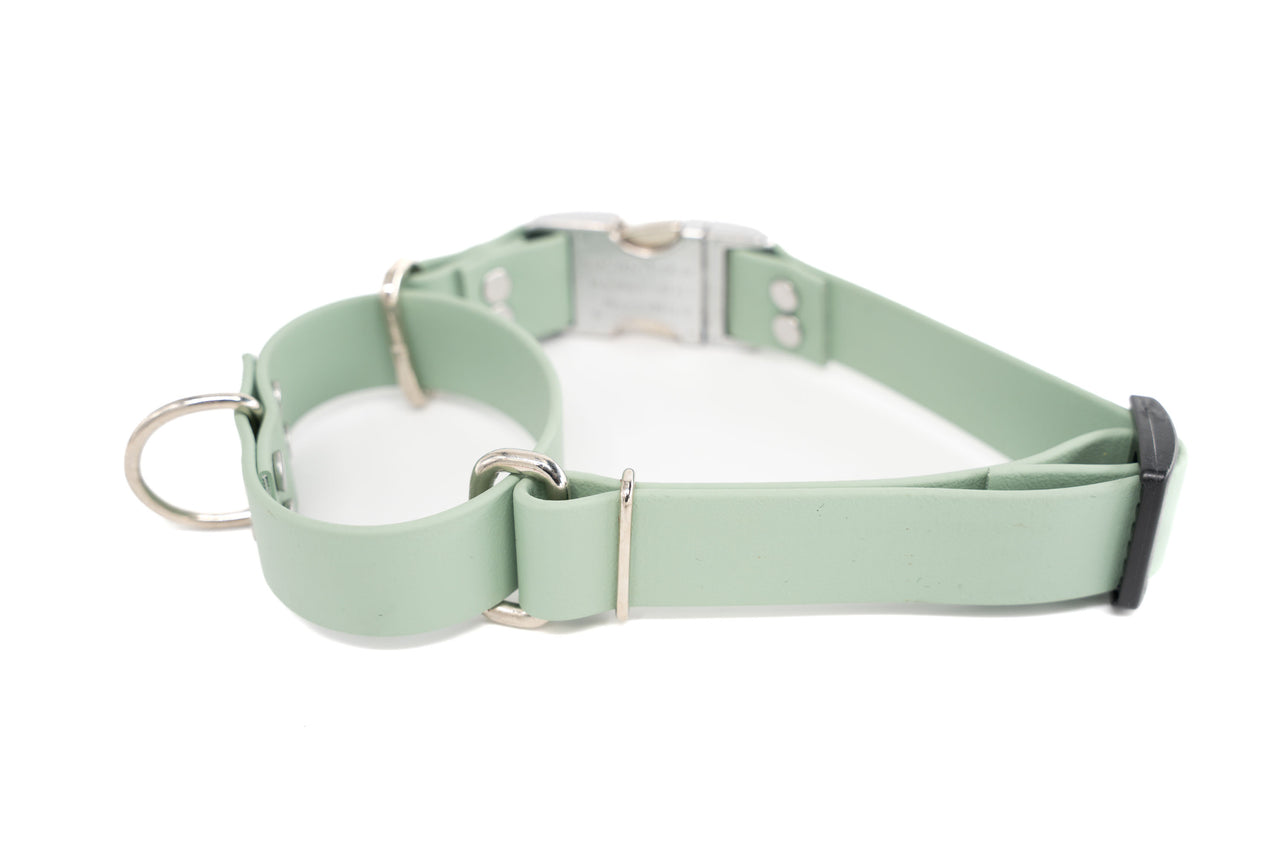 Quick Release Martingale | Waterproof Biothane | Sage | Large 16-20" | 1" wide | distressed silver metal buckle