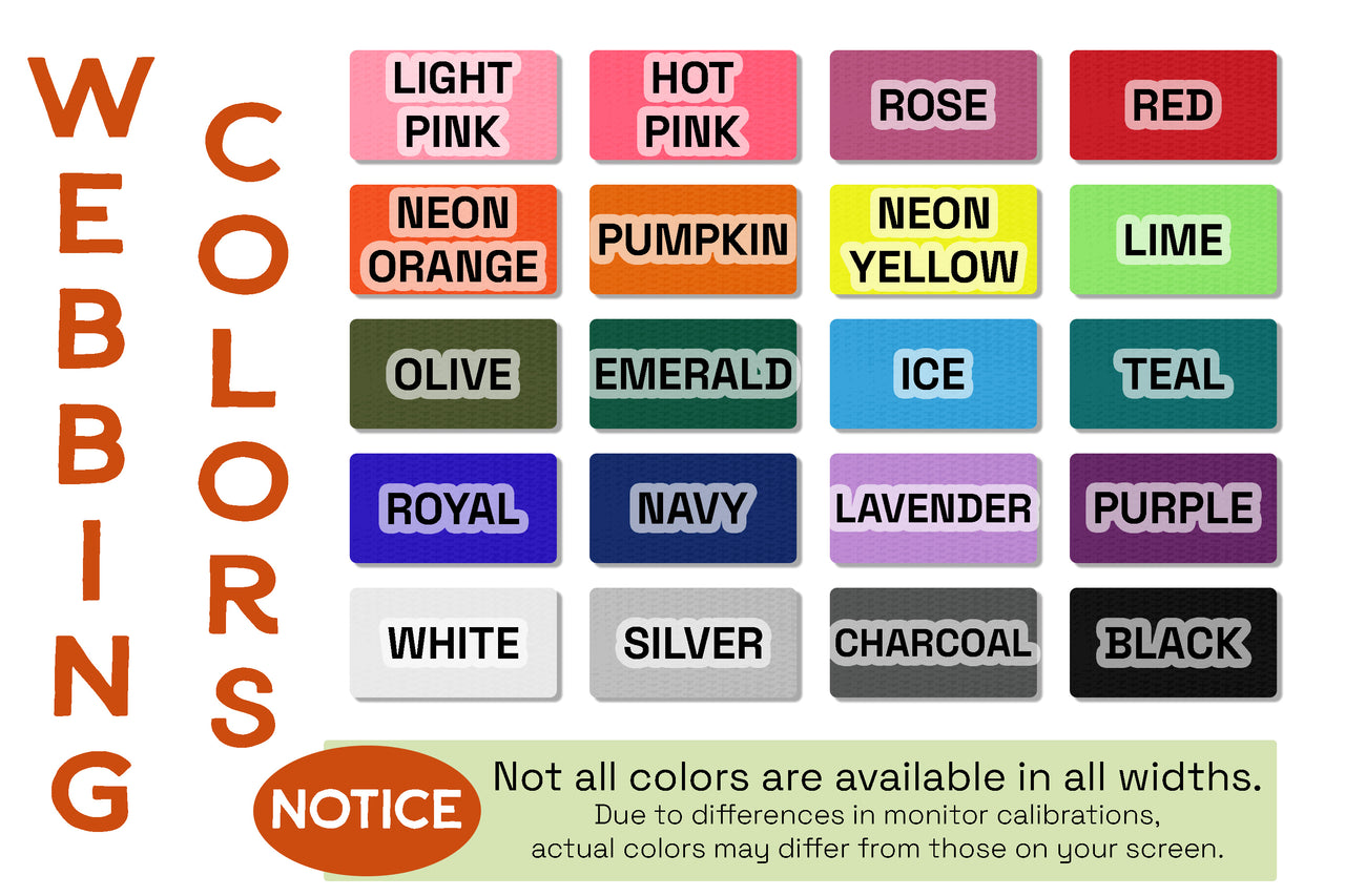 Color swatches of nylon webbing options with labels on a white background