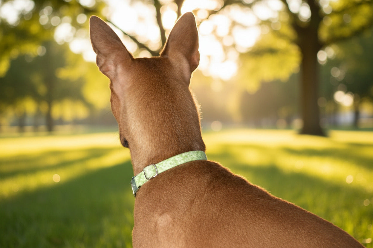 Small brown dog standing on a couch in a living room setting with a lamp and decorative items.