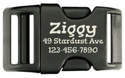 Black plastic buckle with engraved text on a white background