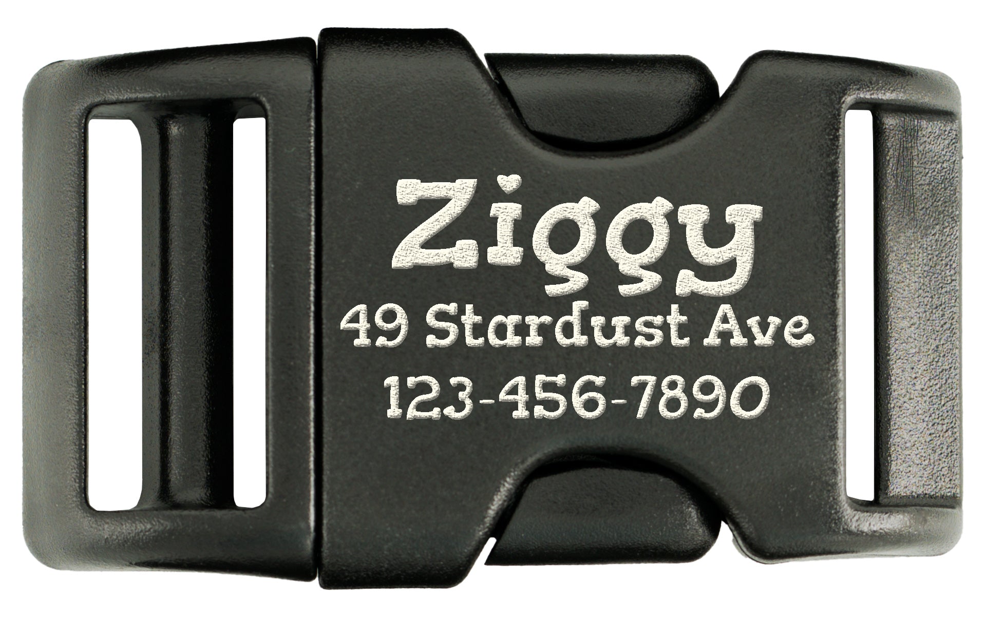 Black plastic buckle with engraved text on a white background