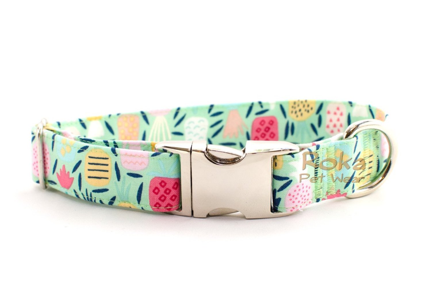 LAST ONE - Tropical Pineapples on Mint Adjustable Dog Collar - large - Fox Valley Pet Wear
