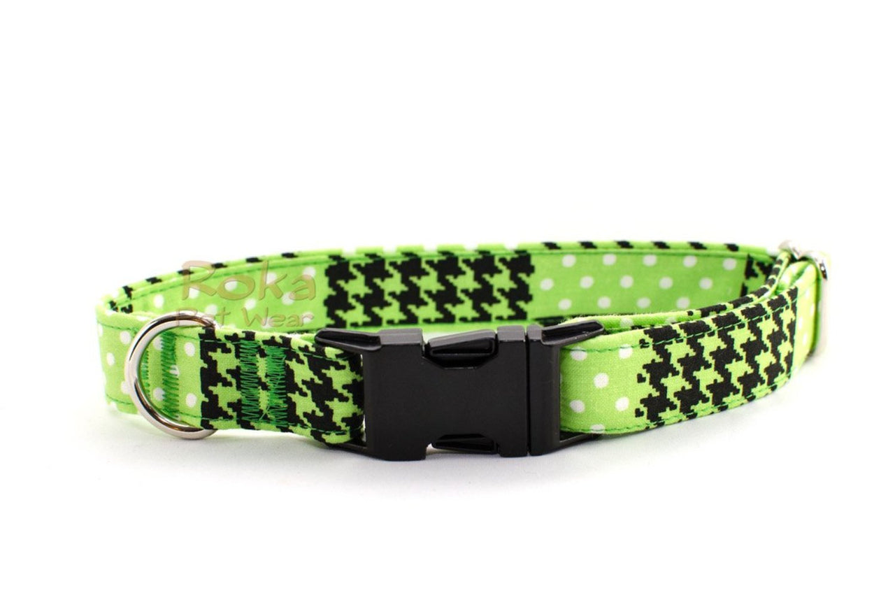 Lime Green & Black Houndstooth & Dots Adjustable Dog Collar - Fox Valley Pet Wear