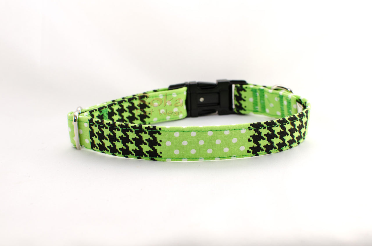 Lime Green & Black Houndstooth & Dots Adjustable Dog Collar - Fox Valley Pet Wear