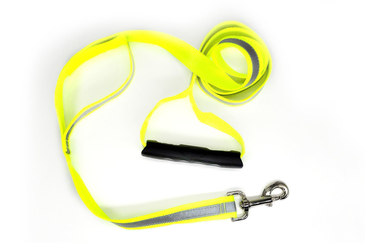 6ft Reflective Neon Yellow Leash with rubberized grip and traffic handle | 1" wide