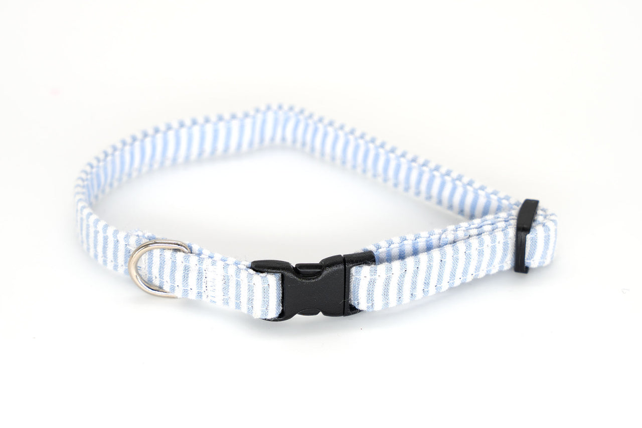 Seersucker blue/white Safety Cat collar - 3/8" wide, fits most 8-12"
