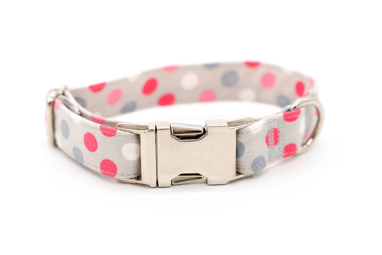 Pink & Gray Polka Dots adjustable dog collar, small