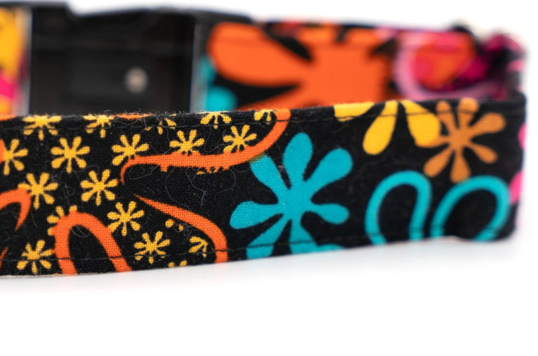 Neon Flowers on black, adjustable dog collar, small