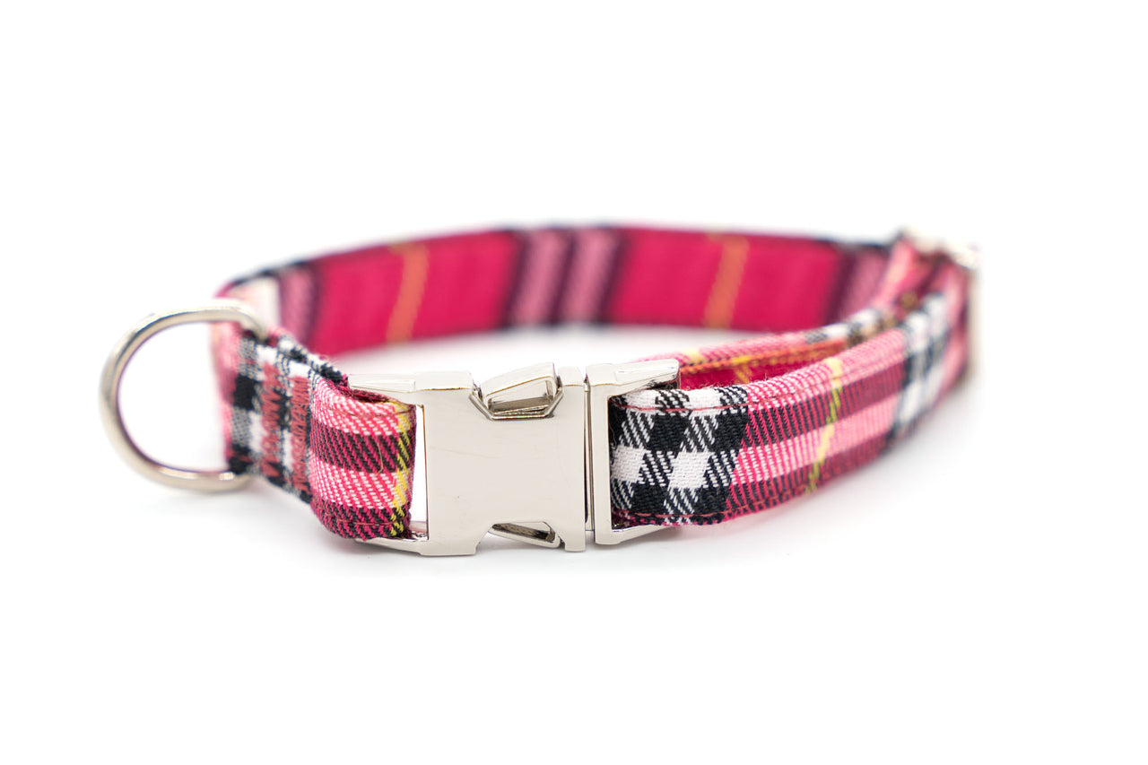 Hot Pink Plaid adjustable dog collar, small, 5/8" wide