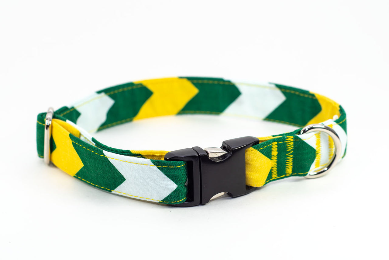 Titletown Green & Gold Chevron adjustable dog collar, 3 sizes - Fox Valley Dog Collars