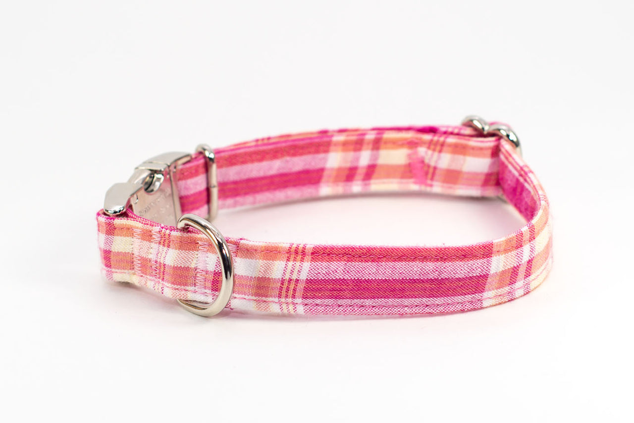 Pink and Yellow Plaid adjustable dog collar, small - Fox Valley Dog Collars