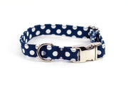 Navy with White Polka Dots adjustable dog collar, small - Fox Valley Dog Collars