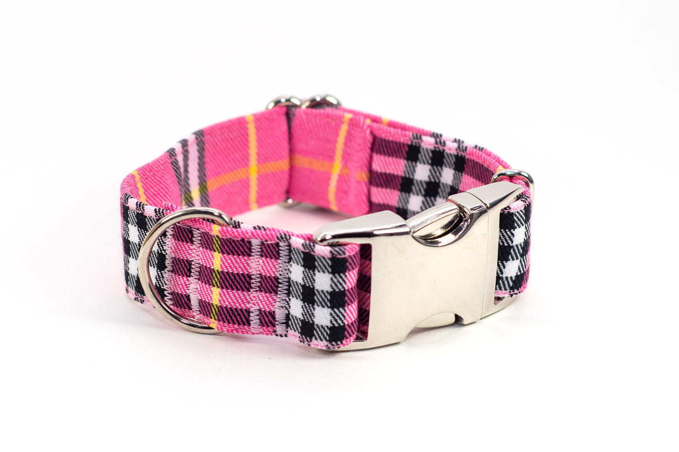 Bubblegum Plaid adjustable dog collar, WIDE small - Fox Valley Dog Collars