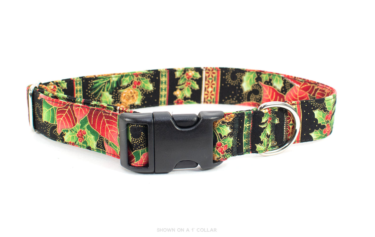 Holiday Poinsettia & Holly Berry Adjustable Dog Collar