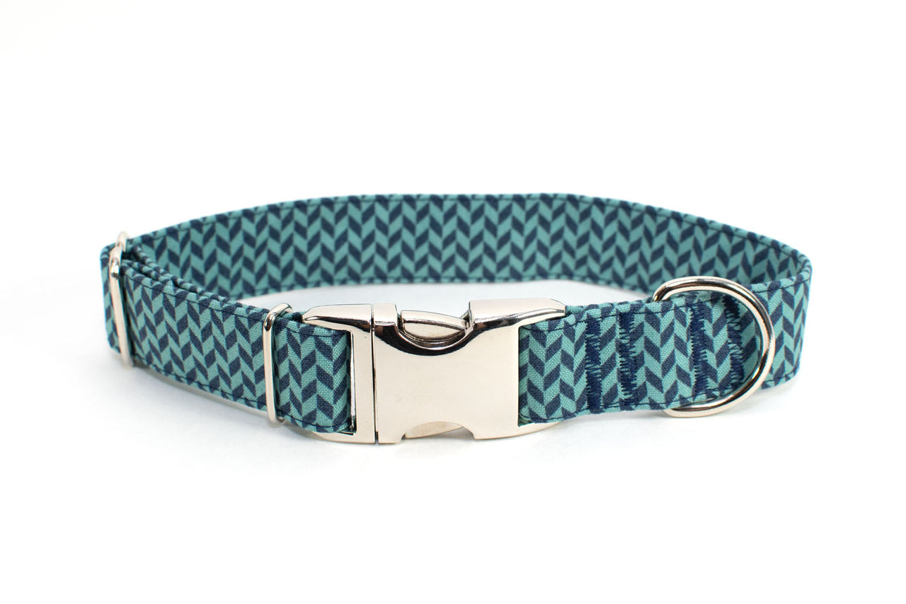 Teal & Navy Harringbone adjustable dog collar, medium