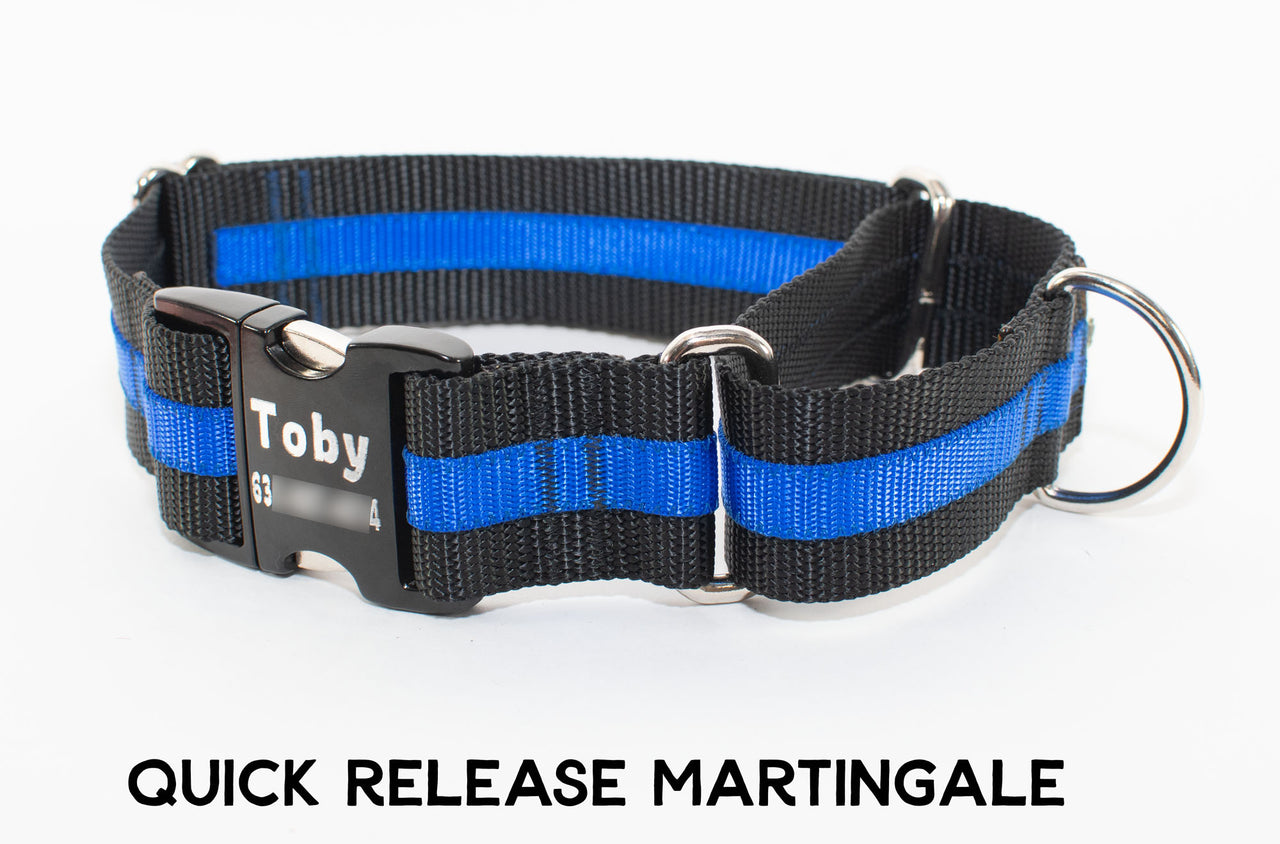 Thin Blue Line Dog Collar - flat buckle, martingale, breakaway - Fox Valley Dog Collars