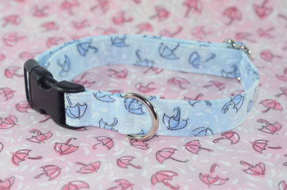 Rainy Day Umbrellas in Blue Adjustable Dog Collar - Fox Valley Pet Wear