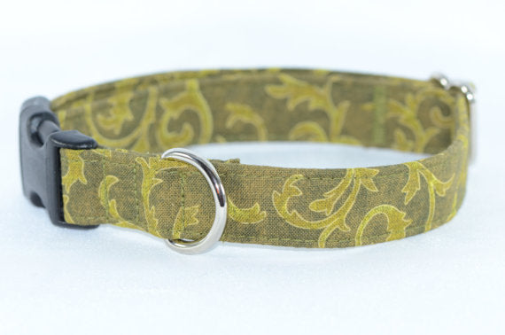 Chartreuse & Olive Green Leafy Scrolls Adjustable Dog Collar - Fox Valley Pet Wear