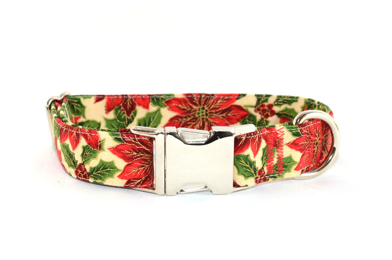 Poinsettia with Metallic Gold Accents Adjustable Dog Collar - Fox Valley Pet Wear